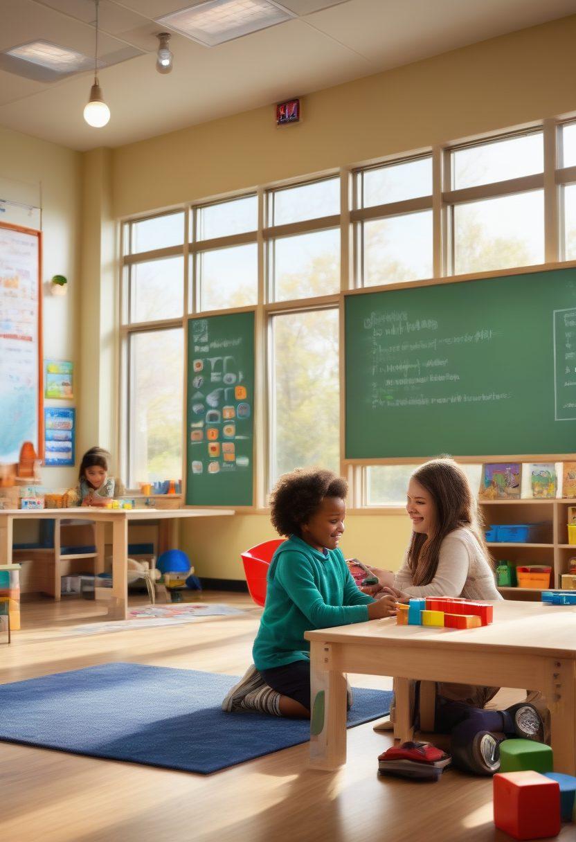 A colorful preschool classroom filled with children engaging with various educational tools, including tablets displaying the RazzKids interface, building blocks, and colorful books scattered around. A friendly teacher assists a child, emphasizing the joy of learning. Soft sunlight streams through the windows, creating a warm atmosphere. The background should include educational posters and a chalkboard. vibrant colors. super-realistic.